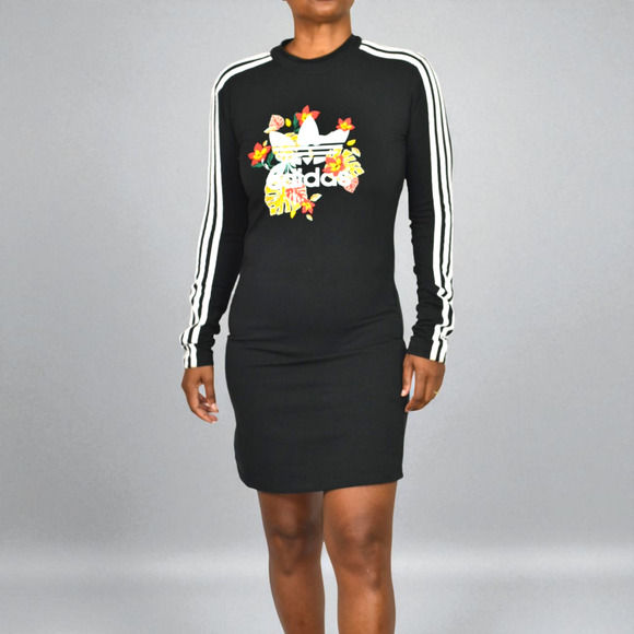 Adidas HER Studio London Floral Trefoil Dress Black Long Sleeve Mini Logo Medium - Picture 15 of 15